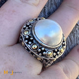 John Hardy 18K Sterling Silver 925 Jaisalmer Dot Mabe Pearl Ring Size 6