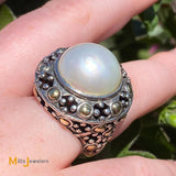 John Hardy 18K Sterling Silver 925 Jaisalmer Dot Mabe Pearl Ring Size 6