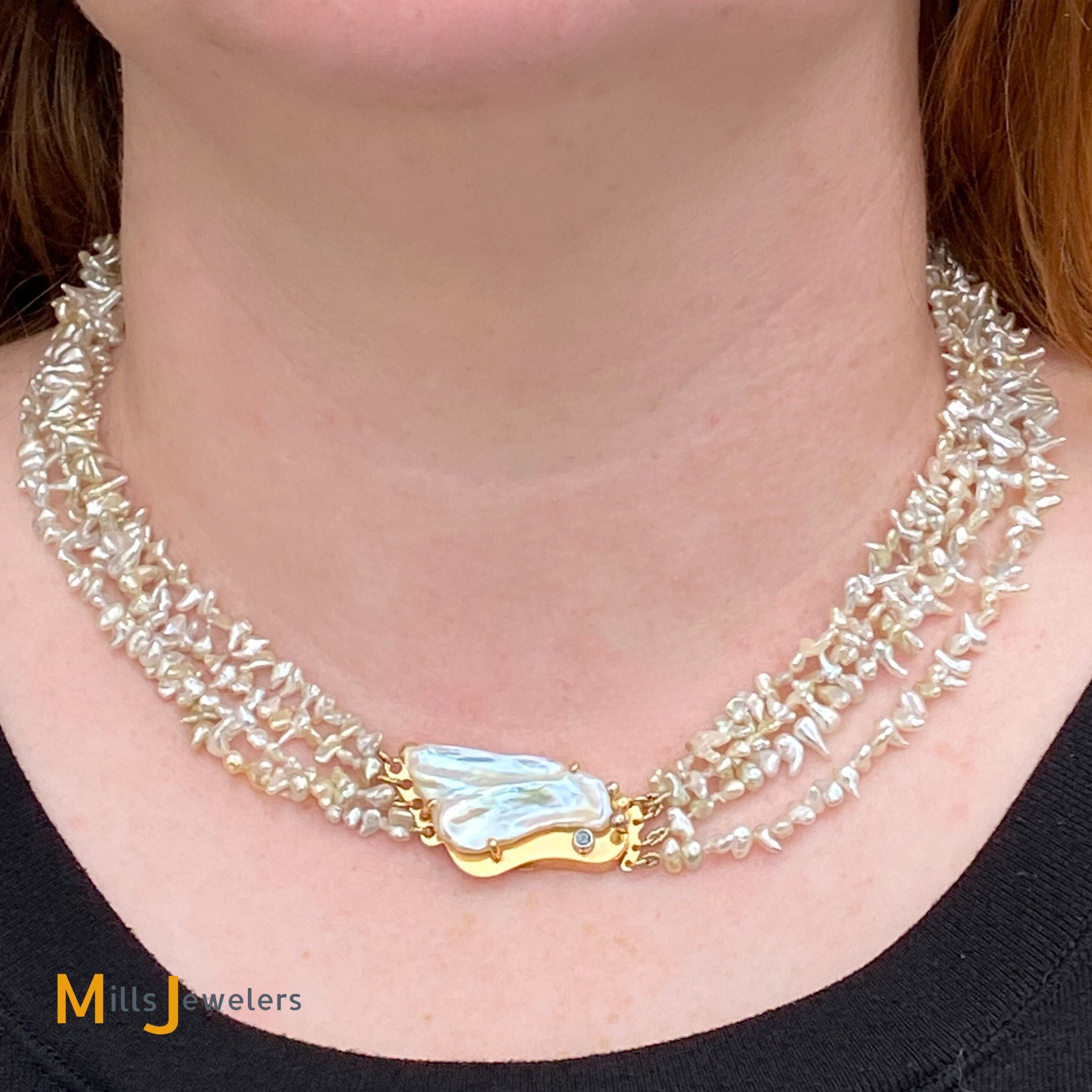 Multi Strand 596 Keshi Pearls Necklace with 18Kyg 0.02ct Alexandrite C Mills Jewelers Loan