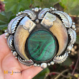Signed Billy Slim Navajo Faux Bear Claw and Malachite Sterling Silver 925 Large Belt Buckle