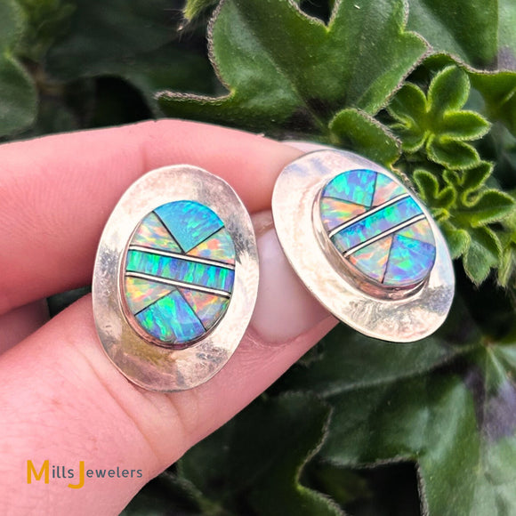 Sterling Silver 925 Inlaid Layered Opal Post Earrings