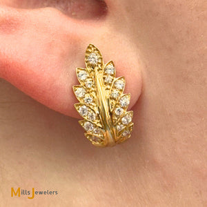 14K Yellow Gold 0.44ctw Round Brilliant Diamond Leaf Huggie Earrings