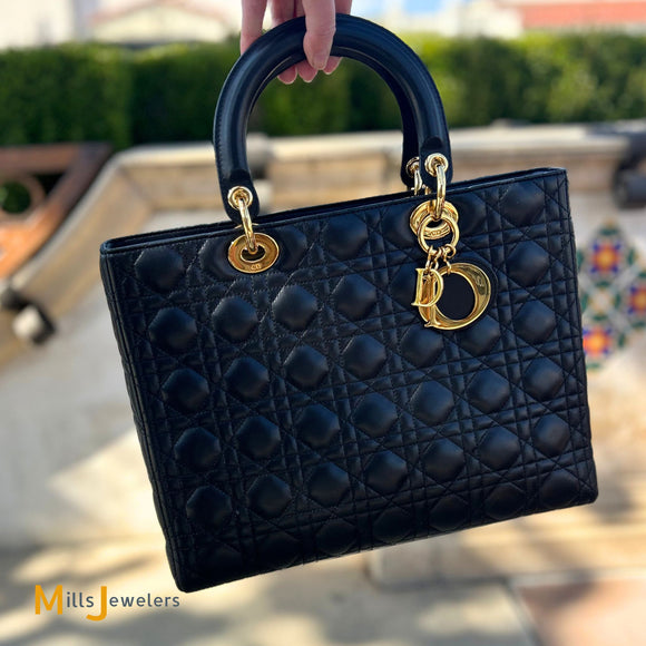 Vintage Christian Dior Lady Dior Large Cannage Quilted Black Leather Handbag 2000