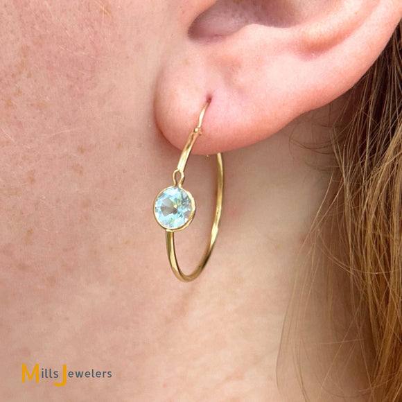 14K Yellow Gold Round Cut 1.84ctw Blue Topaz Hoop Earrings