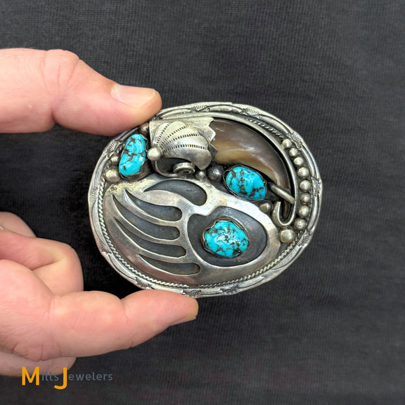 Signed TKE Sterling Silver 925 Turquoise Faux Bear Claw Belt Buckle