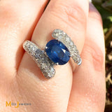14k White Gold 1.54ct Blue Sapphire and 0.84ctw Diamond Cocktail Bypass Ring Size 6.5
