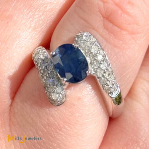 14k White Gold 1.54ct Blue Sapphire and 0.84ctw Diamond Cocktail Bypass Ring Size 6.5