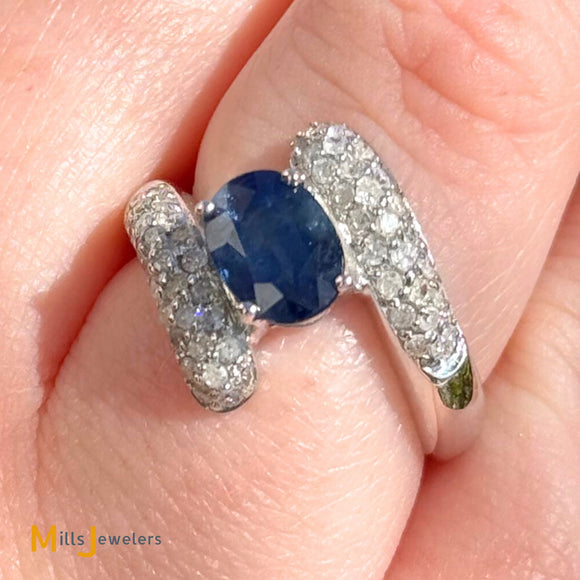14k White Gold 1.54ct Blue Sapphire and 0.84ctw Diamond Cocktail Bypass Ring Size 6.5