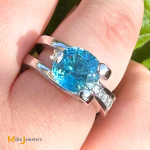 14K White Gold 4.82ct Blue Zircon and 1.0ctw Diamond Solitaire Ring Size 6.75