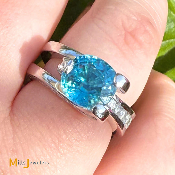 14K White Gold 4.82ct Blue Zircon and 1.0ctw Diamond Solitaire Ring Size 6.75