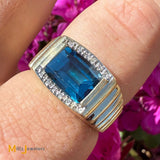 14K Yellow Gold 3.53cts Blue Topaz 0.06ctw Diamond Signet Ring Size 10.75
