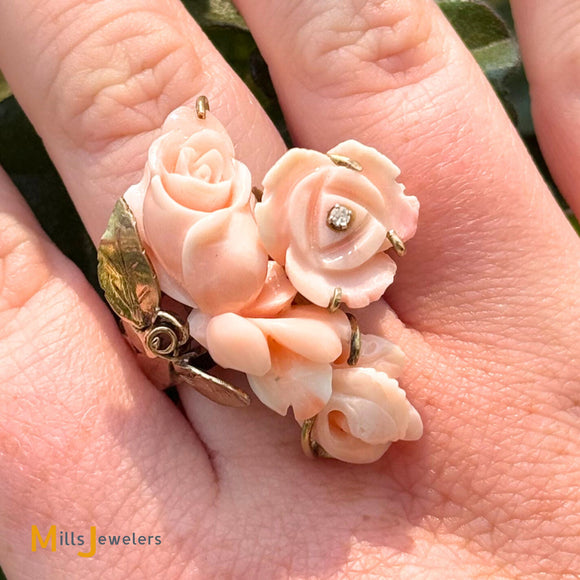 14k Yellow Gold Vintage Hand Carved Coral Roses 0.015ct Diamond Statement Ring Size 8