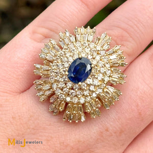 Vintage 14K Yellow Gold 1.53ct Blue Sapphire and 4.96ctw Diamond Cluster Ring