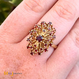 14K Yellow Gold Garnet Cluster Cocktail Ring Size 7.5