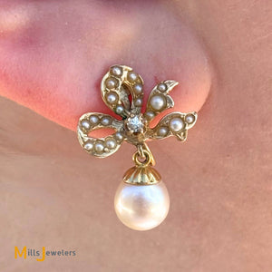 Vintage 14K Yellow Gold 0.12ctw Diamond and Seed Pearl Bow Screw Back Dangle Earrings