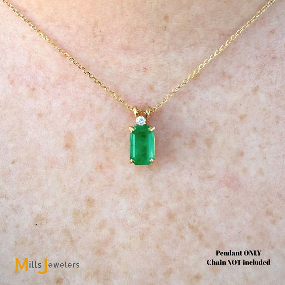 Signed 14K Yellow Gold 0.78ct Emerald and 0.025ct Diamond Slide Pendant