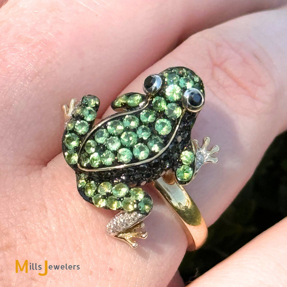 EFFY Safari 14K Yellow Gold 1.32ctw Tsavorite, 1.11ctw Sapphire & 0.095ctw Diamond Frog Ring Size 7