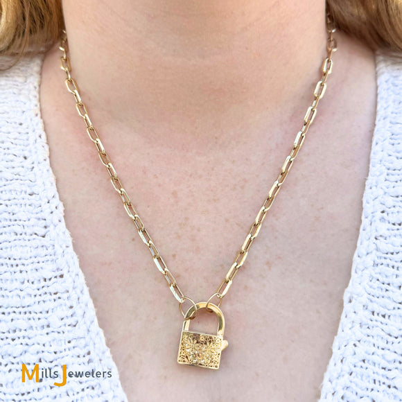 Vintage Golden Clef International S.P.A. 14K Yellow Gold Hollow Link Chain with Lock Necklace