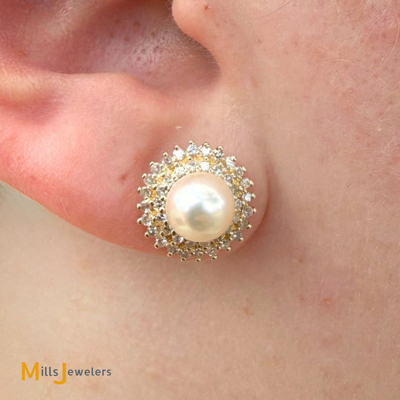 Signed 14K Yellow Gold Pearl and 0.42ctw Diamond Double Halo Post Earrings