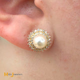 Signed 14K Yellow Gold Pearl and 0.42ctw Diamond Double Halo Post Earrings