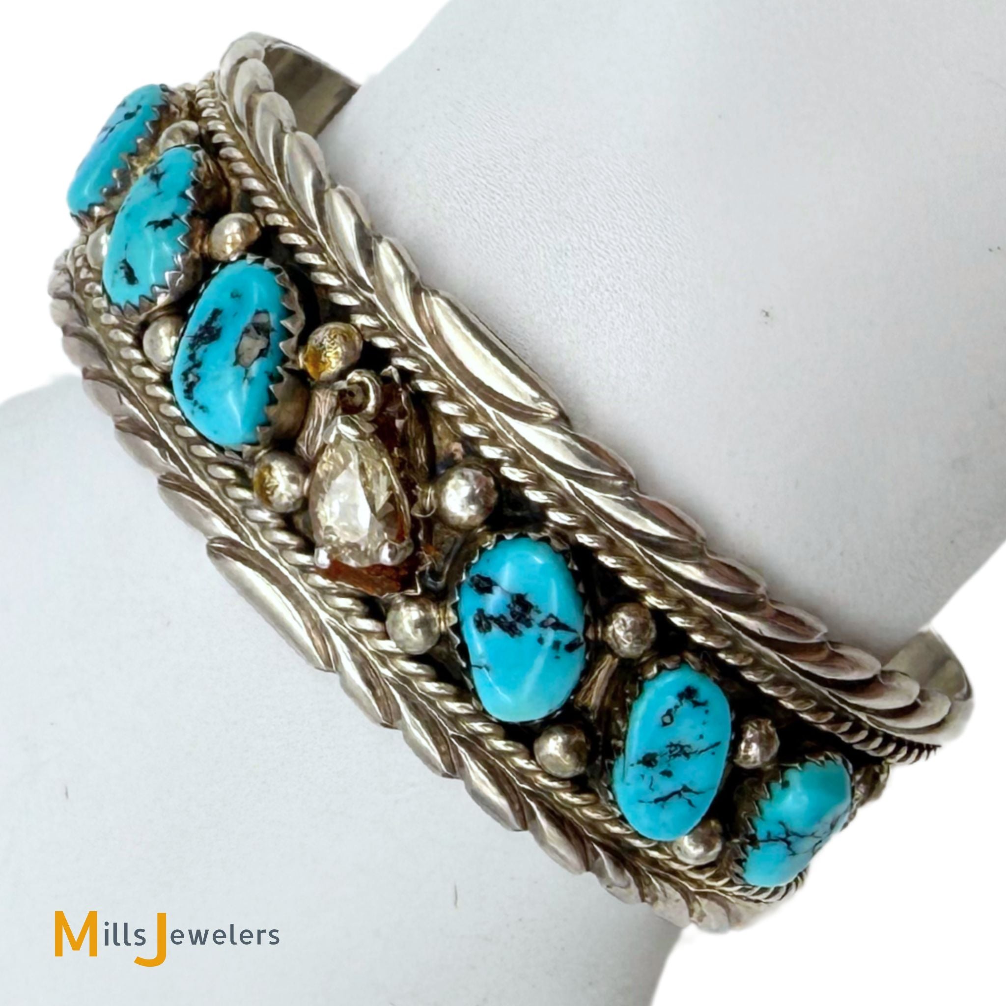 James Shay Navajo 0.80ct Diamond and Turquoise Sterling Silver 925 