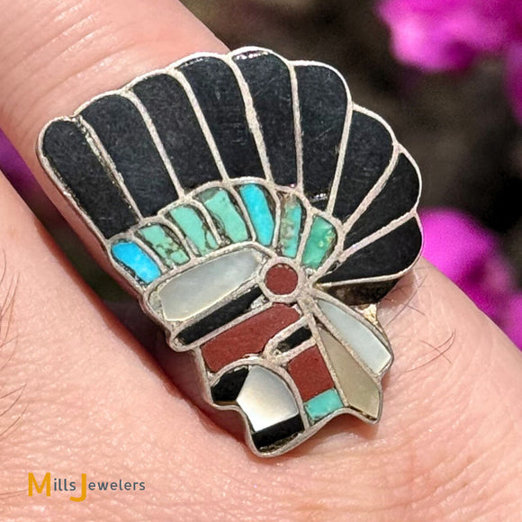 Headdress Multi-Stone Inlay Sterling Silver 925 Ring
