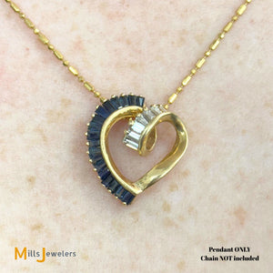 Bogarz Signed 14K Yellow Gold 1.98ctw Blue Sapphire 0.42ctw Diamond Slide Heart Pendant
