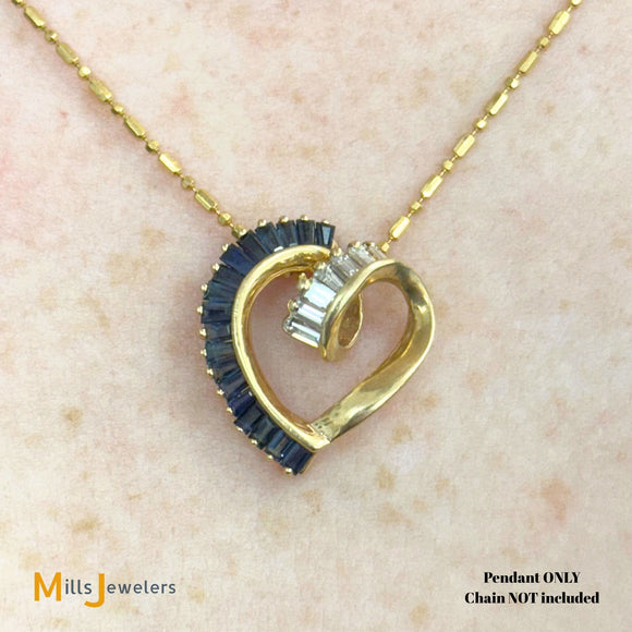 Bogarz Signed 14K Yellow Gold 1.98ctw Blue Sapphire 0.42ctw Diamond Slide Heart Pendant