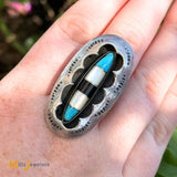 Vintage Sterling Silver 925 Mother of Pearl, Onyx, and Turquoise Shadowbox Ring Size 8.25
