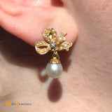 Vintage 14K Yellow Gold 0.12ctw Diamond and Seed Pearl Bow Screw Back Dangle Earrings