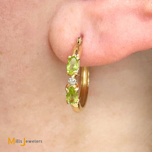 Clyde Duneier 14K Yellow Gold Oval Cut Peridot and 0.01ctw Diamond Hoop Earrings