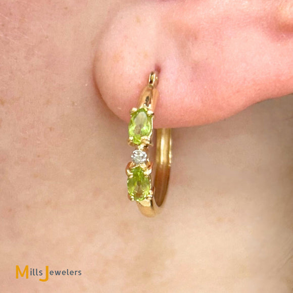 Clyde Duneier 14K Yellow Gold Oval Cut Peridot and 0.01ctw Diamond Hoop Earrings