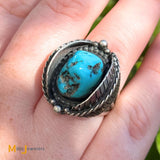 Signed RVK Vintage Sterling Silver 925 Blue Turquoise Leaf Ring Size 6.75