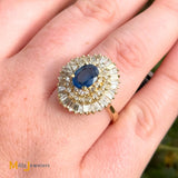 Vintage 14K Yellow Gold 1.09ct Blue Sapphire and 1.79ctw Diamond Cluster Halo Ring Size 7.25