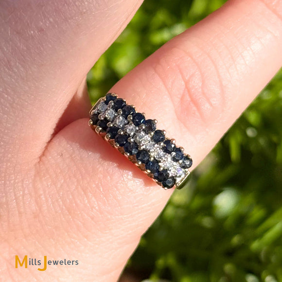 Vintage 14k Yellow Gold 0.9ctw Blue Sapphire and 0.135ctw Diamond Cluster Cathedral Ring Size 4.75