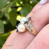 14K Yellow Gold 4.20ctw Pearl 0.32ctw Sapphire 0.24ctw Diamond Cluster Ring Size 7