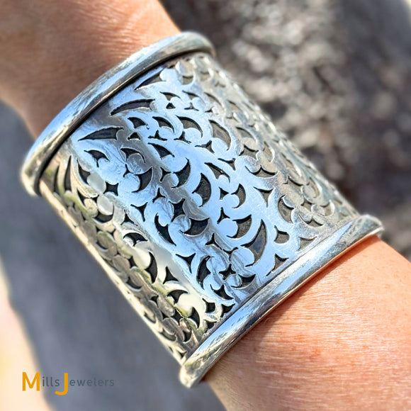Signed Sterling Silver 925 Giant Wide Overlay Cuff Bracelet