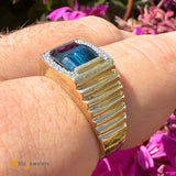 14K Yellow Gold 3.53cts Blue Topaz 0.06ctw Diamond Signet Ring Size 10.75