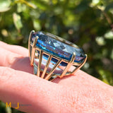14K Yellow Gold 88.5ct Oval Blue Topaz Solitaire Cocktail Statement Ring Size 8.75