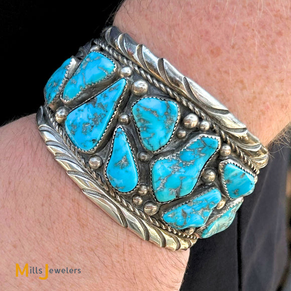 Vintage Signed TM Sterling Silver 925 Turquoise Cuff Bracelet