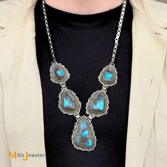 Vintage Leonard Platero Navajo Sterling Silver 925 Bisbee Turquoise Statement Necklace