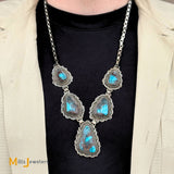 Vintage Leonard Platero Navajo Sterling Silver 925 Bisbee Turquoise Statement Necklace
