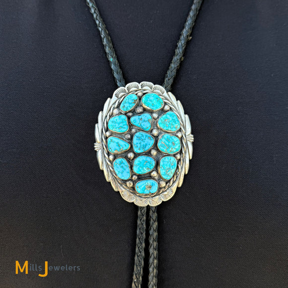 Vintage Signed TM Sterling Silver 925 Blue Turquoise Multi Nugget Bolo Tie