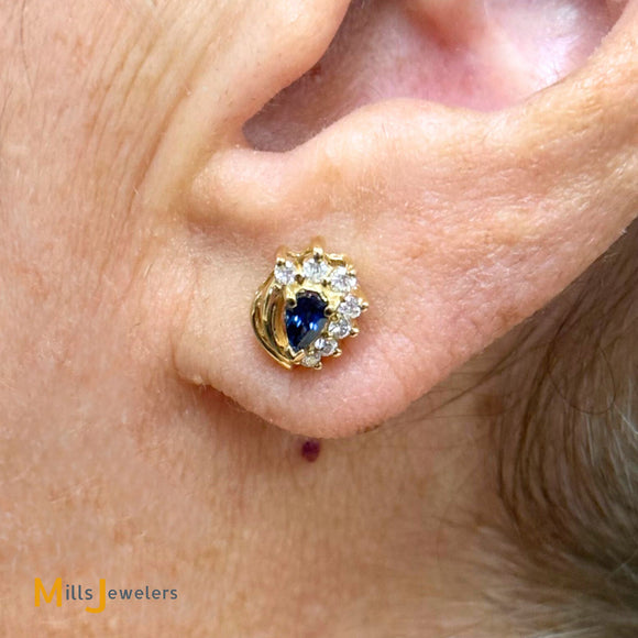 14K Yellow Gold 0.42ctw Blue Sapphire 0.21ctw Diamond Stud Earrings