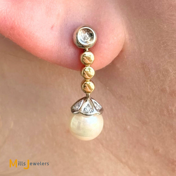 Signed 18K Two-tone Gold Pearl and 0.04ctw Diamond Post Dangle Earrings