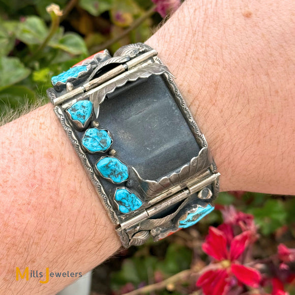 Vintage Michael R Rodgers Paiute Sterling Silver 925 Turquoise Coral Watch Band Bracelet