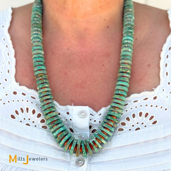 Sterling Silver 925 Royston Turquoise and Spiny Oyster Disc Necklace 26