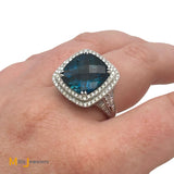 14K White Gold EFFY 12.30ct London Blue Topaz 1.20ctw Diamond Halo Cocktail Ring Size 9.5