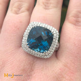 14K White Gold EFFY 12.30ct London Blue Topaz 1.20ctw Diamond Halo Cocktail Ring Size 9.5