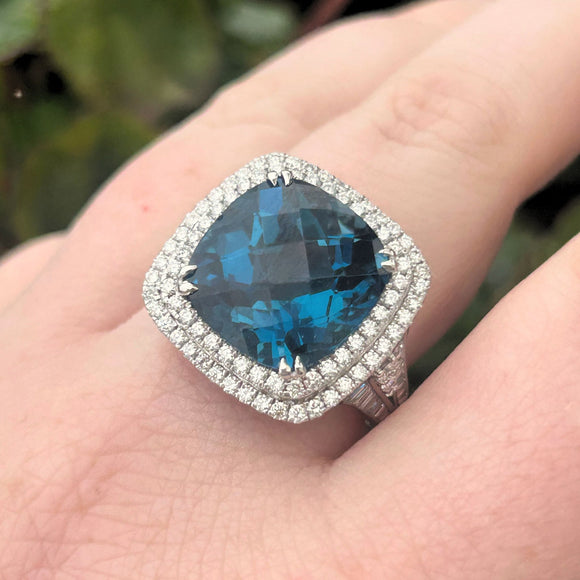 14K White Gold EFFY 12.30ct London Blue Topaz 1.20ctw Diamond Halo Cocktail Ring Size 9.5